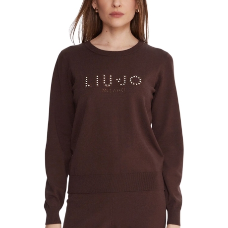 maglia chiusa da donna con pietre e strass applicati sul davanti  cioccolato