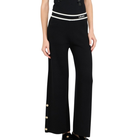 pantaloni lunghi in maglia di misto seta con dettagli a contrasto colore bianco latte nero 