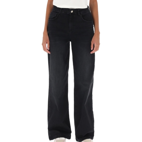 pantaloni lunghi da donna in DENIM con micro strass decorativi sulle tasche posteriori nero 