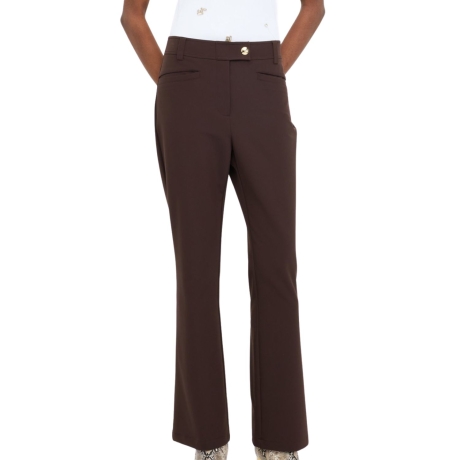 Pantaloni lunghi da donna a zampa con bottone laterale cioccolato