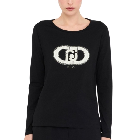 T-SHIRT da donna a maniche lunghe con maxi logo monogram e lettering con perle e strass nera
