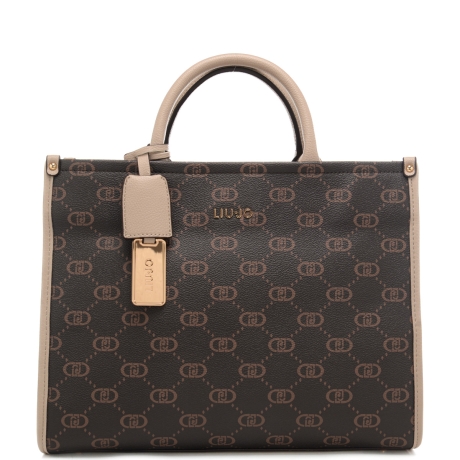 borsa a mano da donna con pattern logo monogram e profili a contrasto colore neutra 