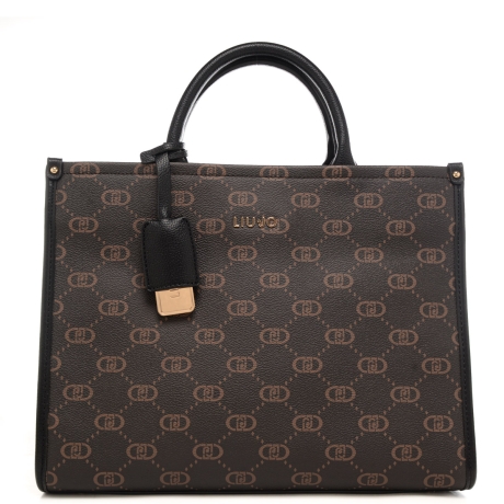 borsa a mano da donna con pattern logo monogram e profili a contrasto colore nera 