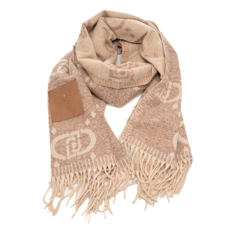 sciarpa da donna in misto viscosa con stampa logo monogram all over e patch logo beige