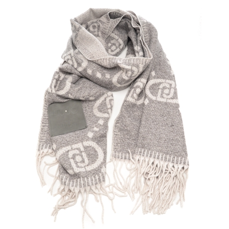 sciarpa da donna in misto viscosa con stampa maxi logo monogram all over e patch logo grigia 