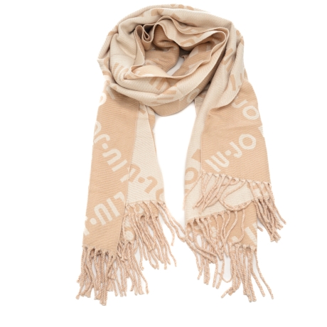 ciarpa da donna in misto viscosa double face con stampa logo lettering jacquard all over latte beige