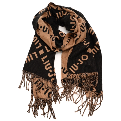 sciarpa da donna in misto viscosa double face con stampa logo lettering jacquard all over nera 