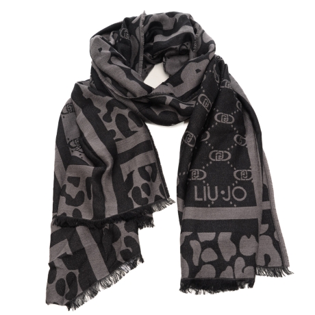 sciarpa da donna in misto viscosa con stampa logo monogram all over e inserti animalier nera 