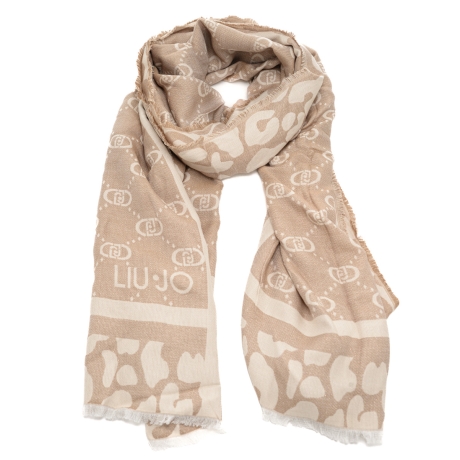 sciarpa da donna in misto viscosa con stampa logo monogram all over e inserti animalier latte beige 