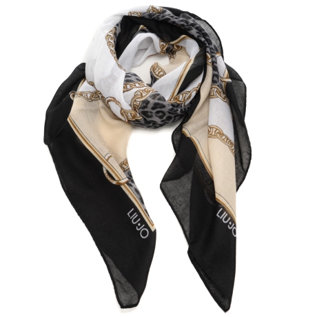 sciarpa foulard da donna con stampa a fantasia con catene e animalier nera