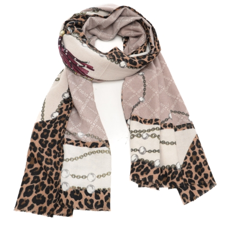 sciarpa da donna in misto viscosa con stampa a fantasia animalier, catene e logo naturale 