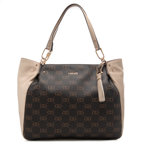 borsa a spalla da donna con pattern logo monogram neutro 