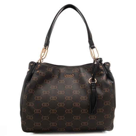 borsa a spalla bowler da donna con pattern logo monogram  nera 