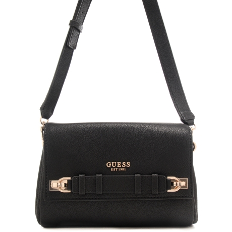 borsa a tracolla da donna con dettagli in metallo sul davanti e logo lettering nera