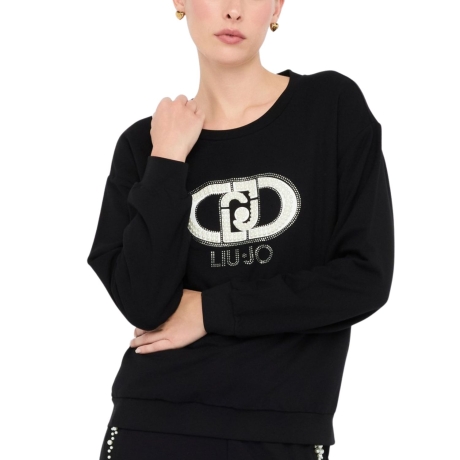 felpa chiusa da donna con maxi logo monogram e lettering con perle e strass nera 