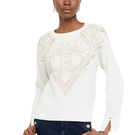 MAGLIA CHIUSA da donna in misto lana con logo monogram e logo lettering con strass bianco latte 