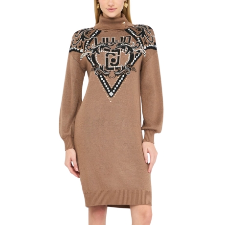 ABITO MAGLIA da donna in misto lana con logo, strass e perle cioccolato 