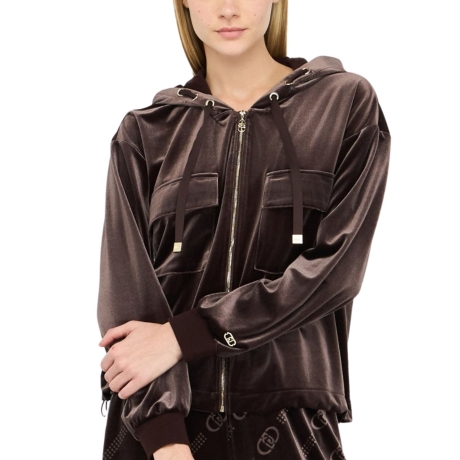 FELPA APERTA da donna in ciniglia stretch co  cappuccio cioccolato 