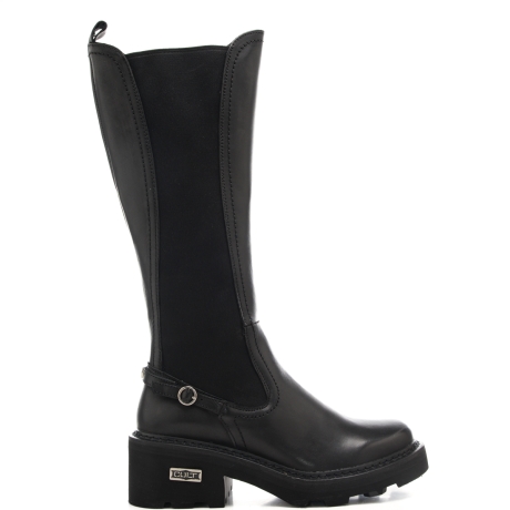 stivali alti da donna in vera pelle con fasce elastiche e fibbietta in metallo decorativa neri 