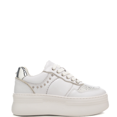 sneakers da donna in vera pelle con borchie, strass e inserto laminato sul retro bianco argento 