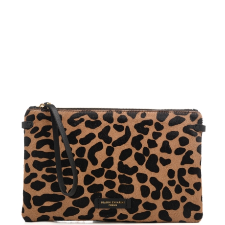 pochette da donna HERMY in vera pelle con stampa animalier leo nero 