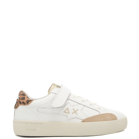 sneakers da bambina con logo ricamato sulla parte esterna e inserto animalier bianco oro