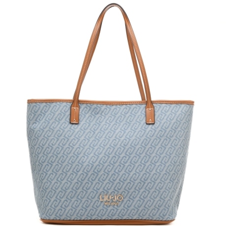 borsa tote da donna in denim chiaro con logo monogram all over celeste 