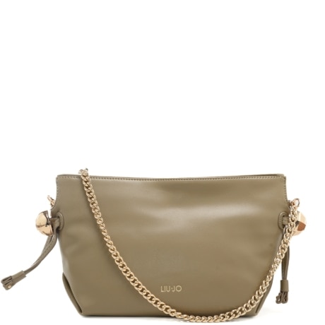 borsa hobo da donna con coulisse ai lati e tracolla in catena beige