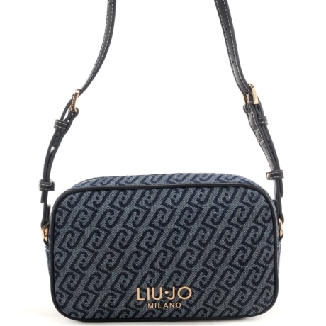 borsa camera case da donna in denim con logo monogram all over blu scuro