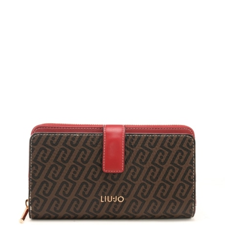 portafoglio grande da donna con stampa logo monogram all over e dettagli a contrasto colore testa di moro