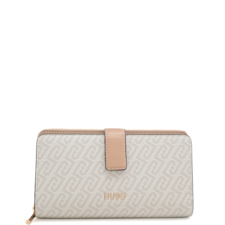 portafoglio grande da donna con stampa logo monogram all over e dettagli a contrasto colore naturale
