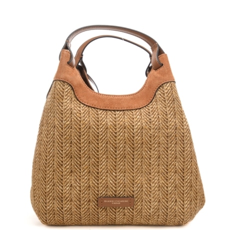 borsa a spalla da donna dua con inserti in suede e trama rafia intrecciata beige