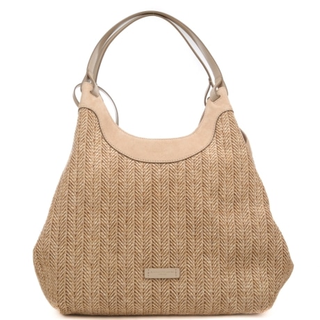 borsa a spalla da donna dua grande con inserti in suede e trama rafia intrecciata sabbia 