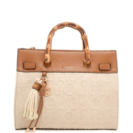 borsa a mano da donna con inserti a contrasto e manici bambù naturale 