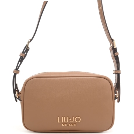 borsa a tracolla da donna con maxi logo lettering in metallo sul fondo cammello