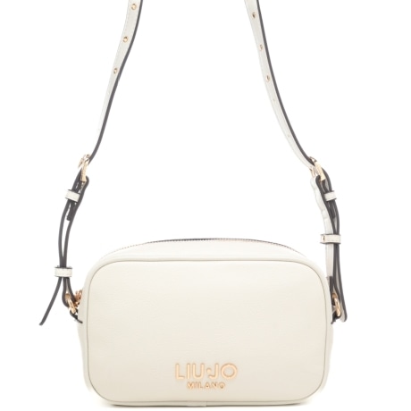 borsa a tracolla da donna con maxi logo lettering in metallo sul fondo crema