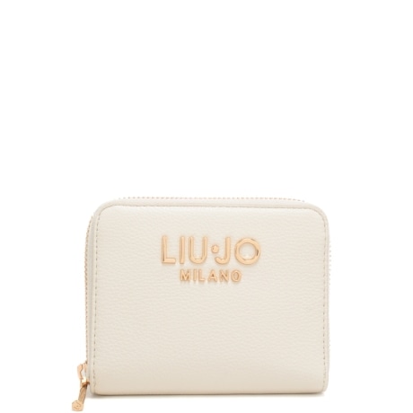 portafoglio piccolo da donna con logo lettering in metallo sul davanti crema