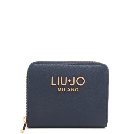 portafoglio piccolo da donna con logo lettering in metallo sul davanti blu 