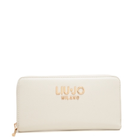 portafoglio grande da donna con logo lettering in metallo sul davanti crema