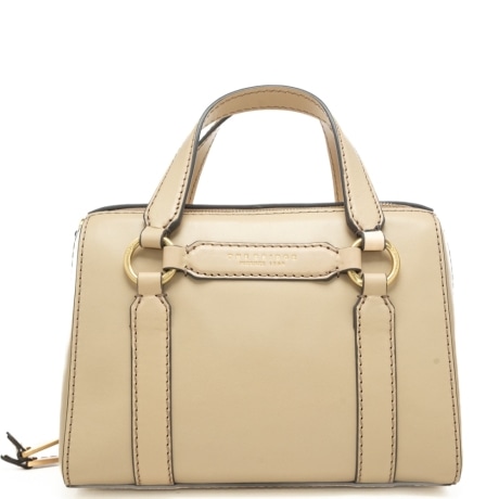 borsa a mano da donna in vera pelle con doppio manico e logo lettering stampato a fuoco sul davanti  beige