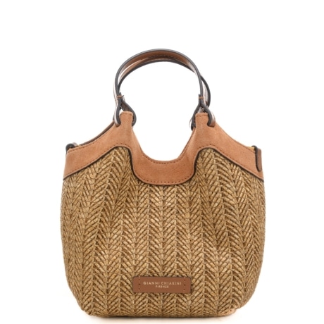 borsa a spalla da donna dua piccola con inserti in suede e trama rafia intrecciata beige 