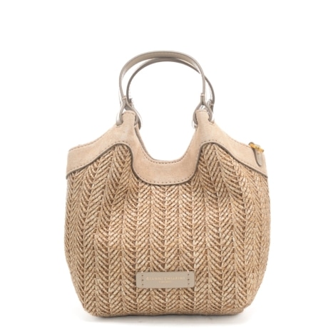 borsa a spalla da donna dua piccola con inserti in suede e trama rafia intrecciata sabbia