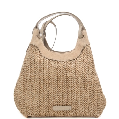 borsa a spalla da donna dua piccola con inserti in suede e trama rafia intrecciata sabbia