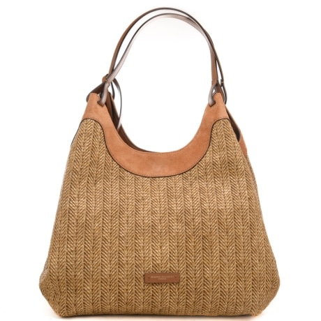 borsa a spalla da donna dua grande con inserti in suede e trama intrecciata beige