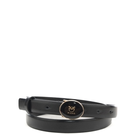 cintura da donna in vera pelle con fibbia ovale in metallo dorato e mini logo love birds nera