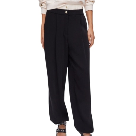 pantaloni da donna a gamba larga con doppio bottone e fascia elastica a contrasto sulla vita nero champagne