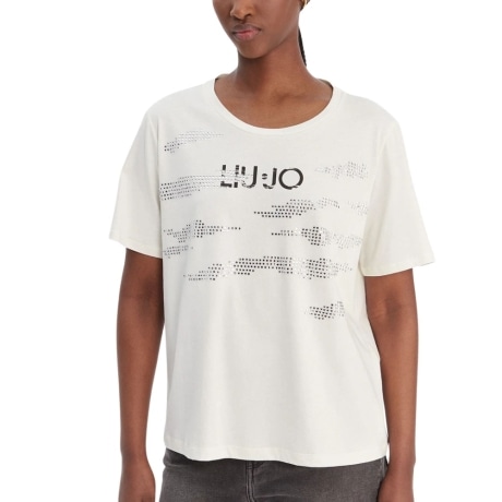 T-SHIRT da donna in jersey di cotone con stampa logo lettering e decorazioni con strass bianca
