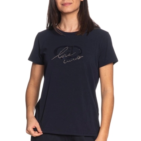 T SHIRT da donna con logo monogram ton sur ton stampato sul davanti e strass blu scuro 