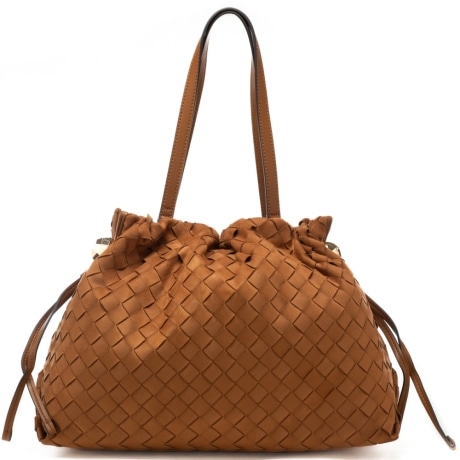 borsa tote da donna in tessuto intrecciato a quadri con coulisse sulla parte alta mattone 