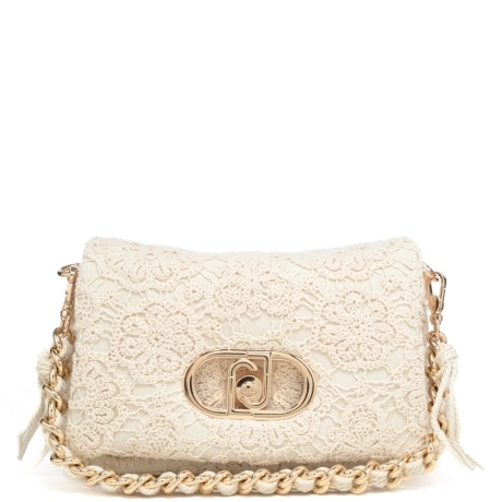 borsa crossbody da donna in tessuto e ricami macramè crema 